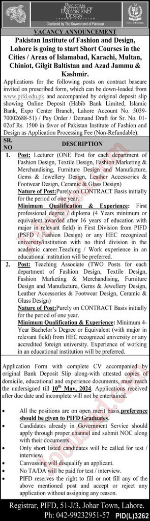 Pakistan Institute of Fashion Design Jobs 2024