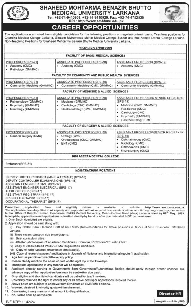 Shaheed Mohtarma Benazir Bhutto Medical University Jobs 2024| Online Apply