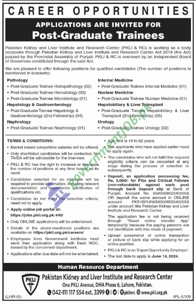 Trainee Positions At Pakistan Kidney And Liver Institute 2024